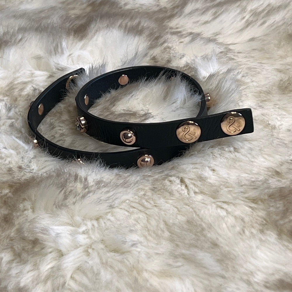 Black Leather Double Wrap Bracelet / Choker with Diamond & Rose Gold Stud Detail